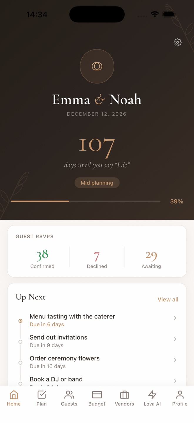 Lova home screen with the couple’s names, a countdown to the wedding and planning progress